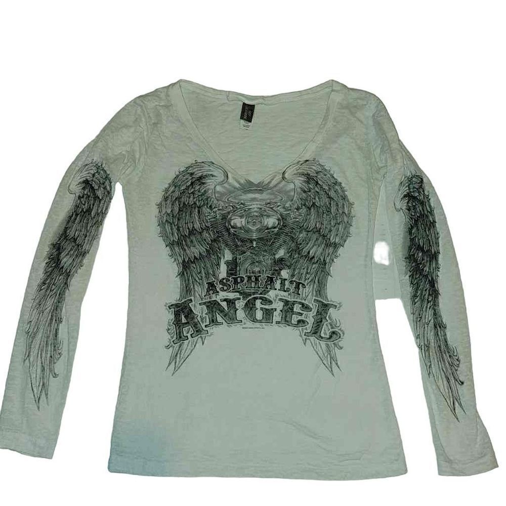 Hot leathers ladies Sz M Asphalt Angel v-neck long sleeve white Tee w/wing decal
